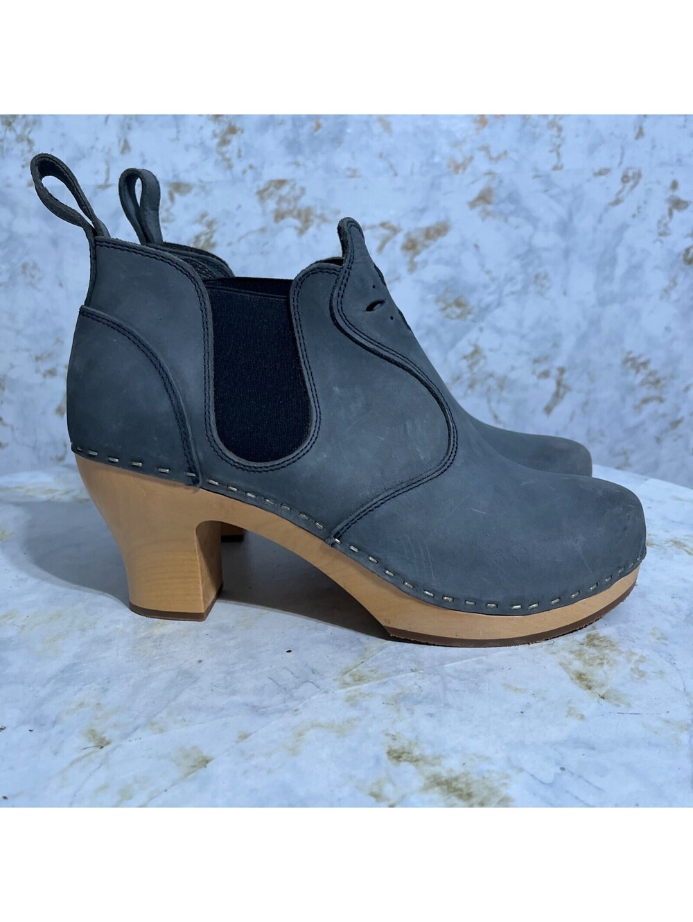 Swedish Hasbeens 40 Womens Size 10 Shoes Blue Leather Wooden Chelsea Ankle Boots